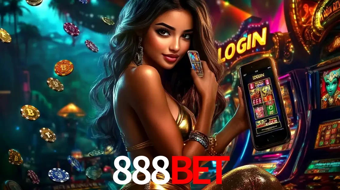 Mulher em um cenário de cassino temático de aventura, mostrando o app de caça-níqueis da 888BET no celular. Fichas de apostas flutuam ao redor.