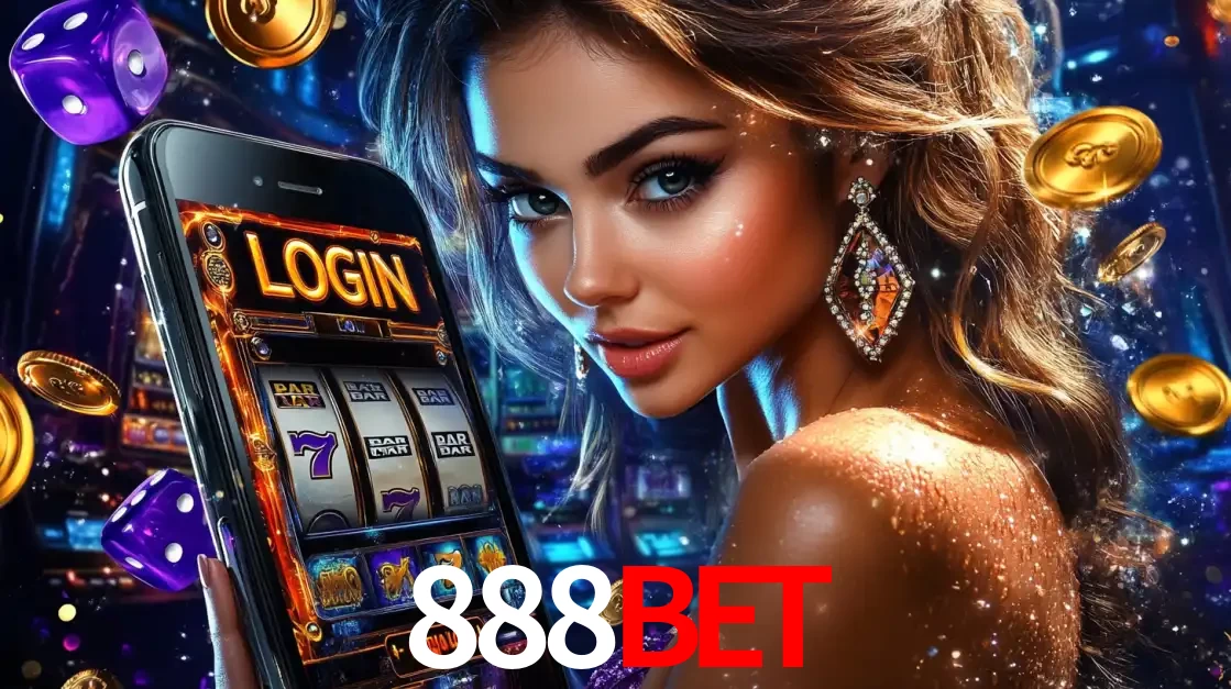 Mulher glamorosa segurando um smartphone com a tela de login para os jogos de caça-níqueis do cassino online 888BET, com moedas de ouro e dados ao redor.