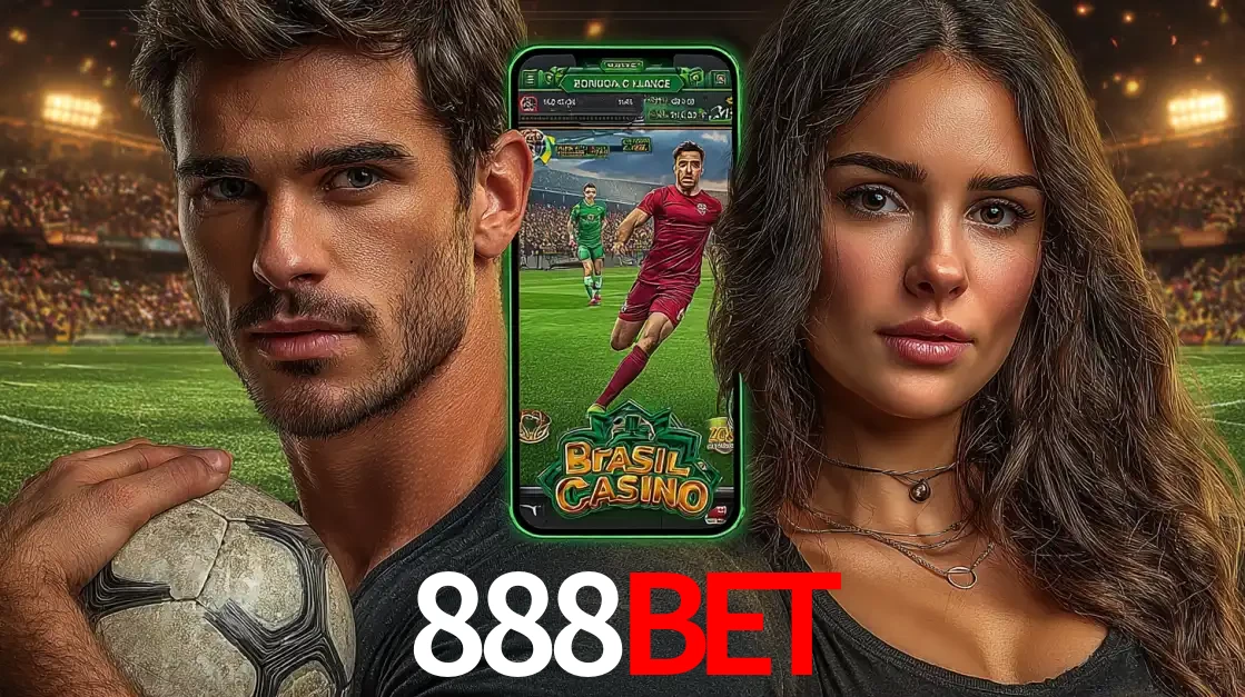 Homem segurando uma bola de futebol e uma mulher ao lado de um smartphone exibindo o jogo de apostas esportivas da 888BET. Faça seu palpite no cassino online.